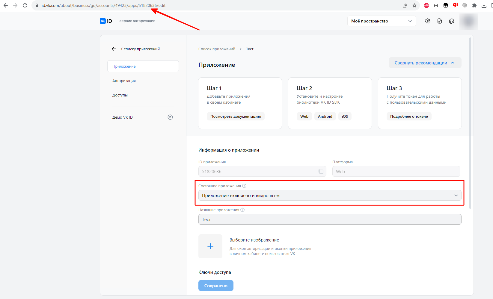 Состояние приложения — включено и видно всем